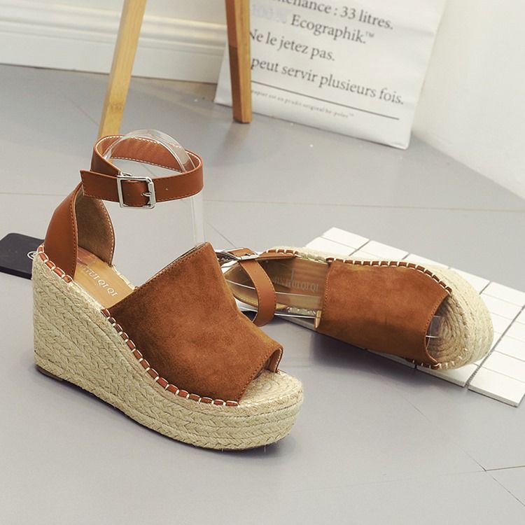 Spänne Peep Toe Platform Espadrille Wedge Sandaler