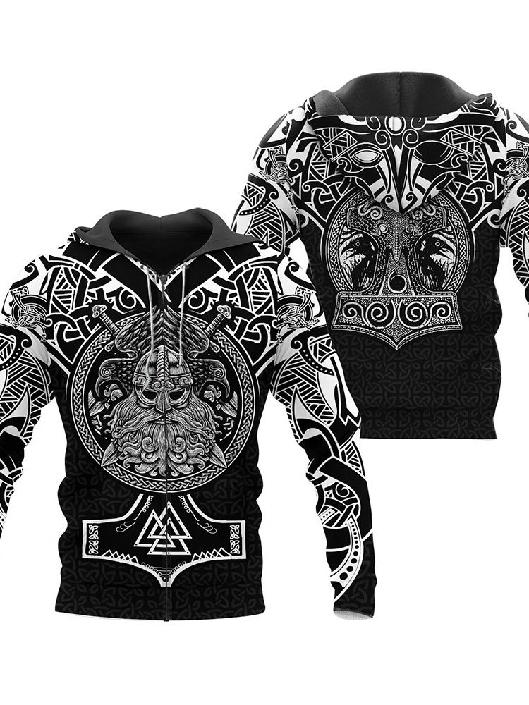 Print Cardigan Hooded Zipper Herr Huvtröjor