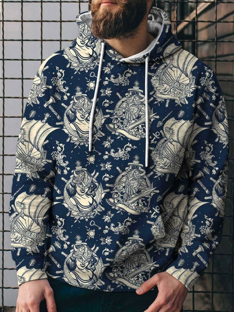 Pullover Color Block Print Mode Lösa Huvtröjor För Män