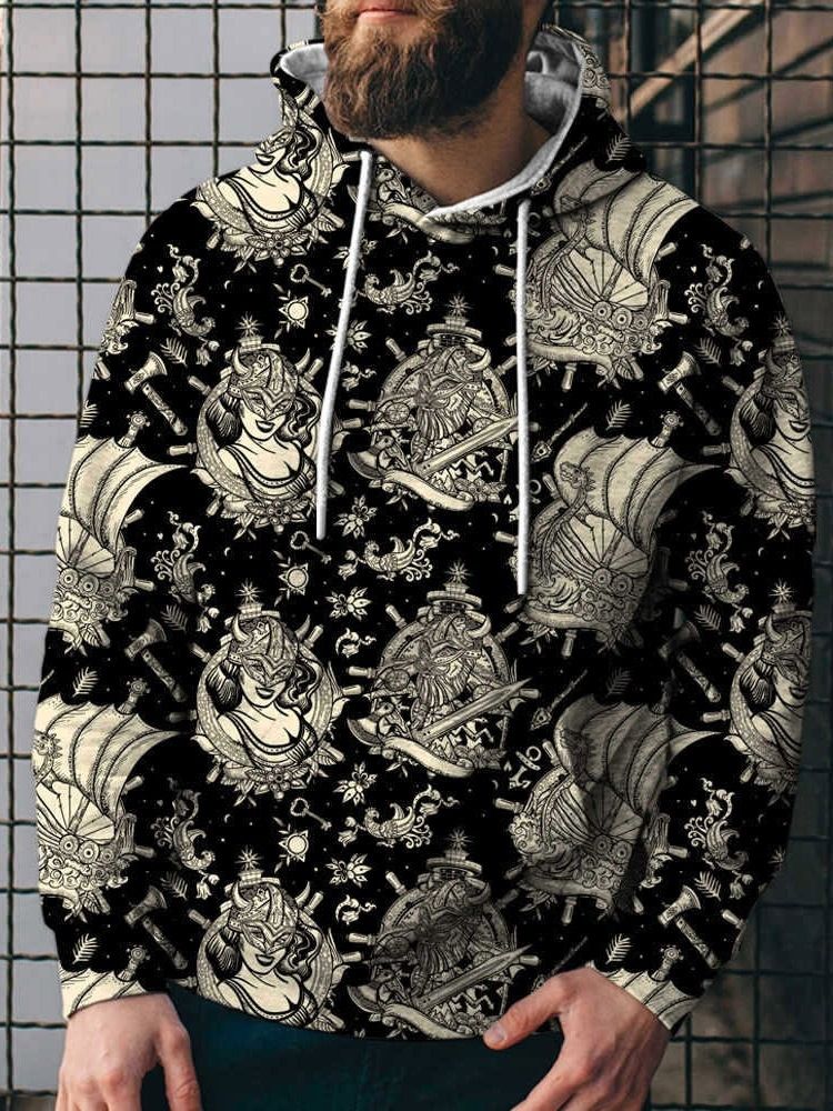 Pullover Color Block Print Mode Lösa Huvtröjor För Män