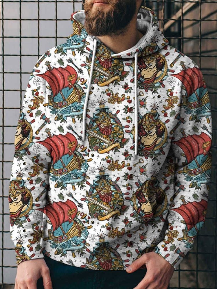 Pullover Color Block Print Mode Lösa Huvtröjor För Män