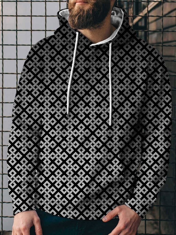 Pullover Color Block Print Mode Lösa Huvtröjor För Män