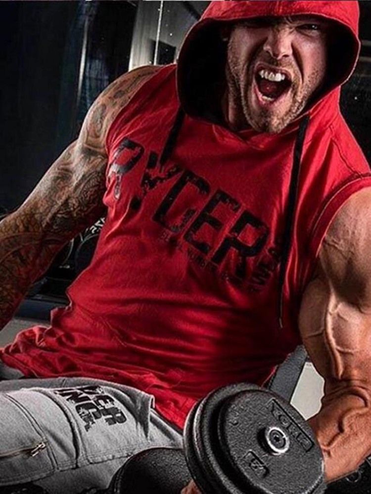 Herrtryck Letter Ärmlös Huva Gym Sportlinnen