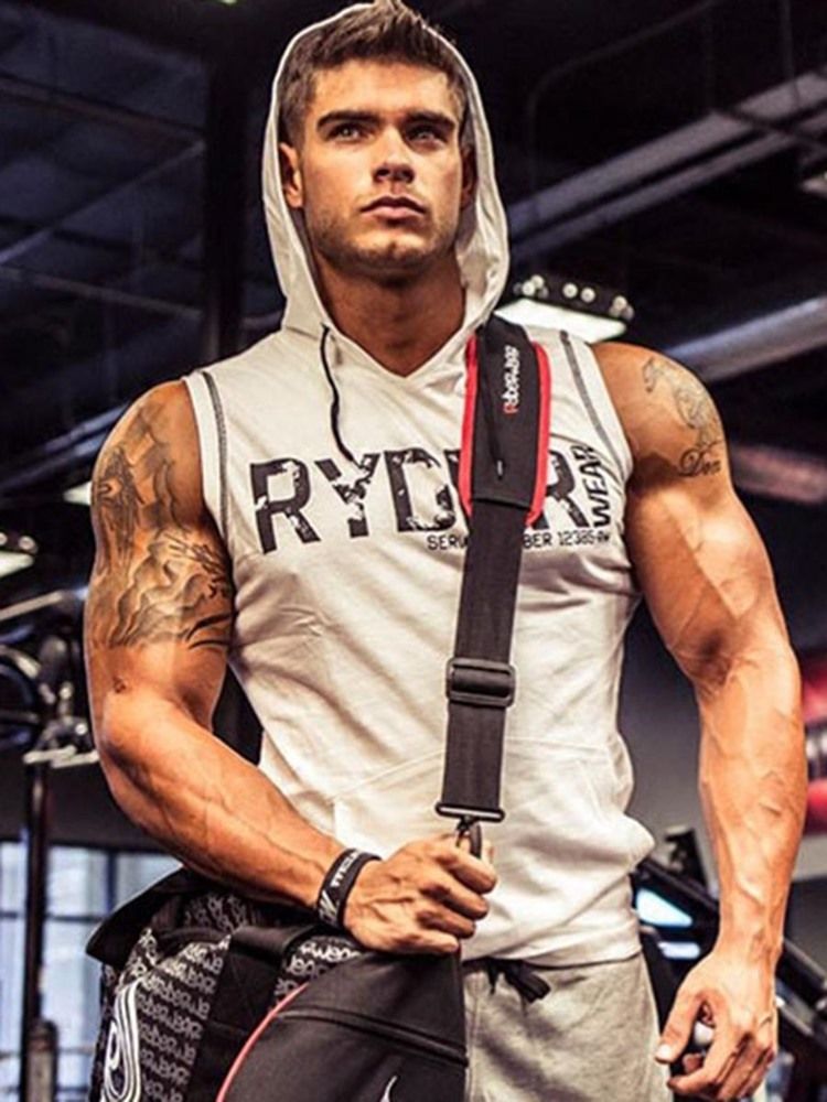 Herrtryck Letter Ärmlös Huva Gym Sportlinnen