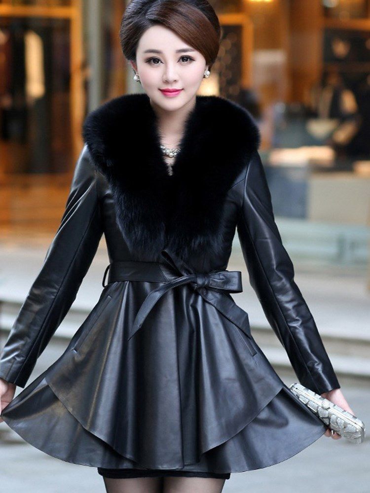 Lapel Tjock Color Block Långärmad Faux Fur Coat
