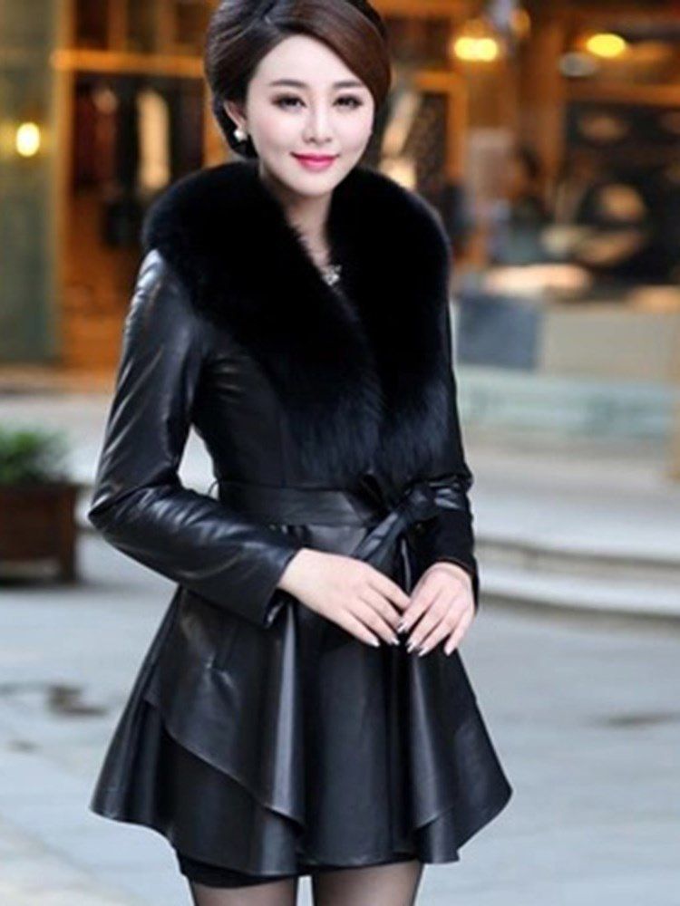 Lapel Tjock Color Block Långärmad Faux Fur Coat