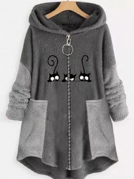 Patchwork Zipper A Line Hooded Mid-Length Overcoat
