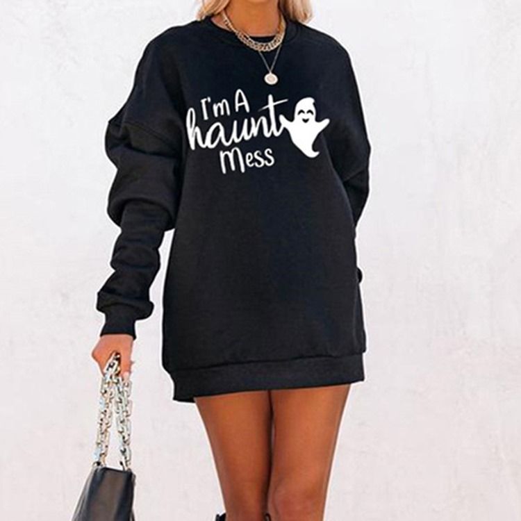 Halloween Brevtryck Långärmad Hoodie Med Rund Hals