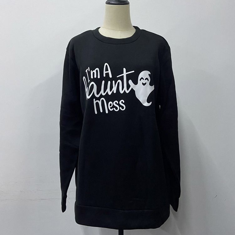 Halloween Brevtryck Långärmad Hoodie Med Rund Hals
