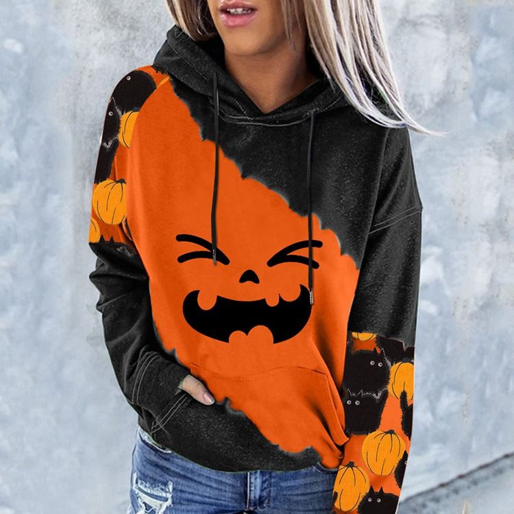 Halloween Color Block Print Raglan Sleeve Vinter Långärmad Hoodie