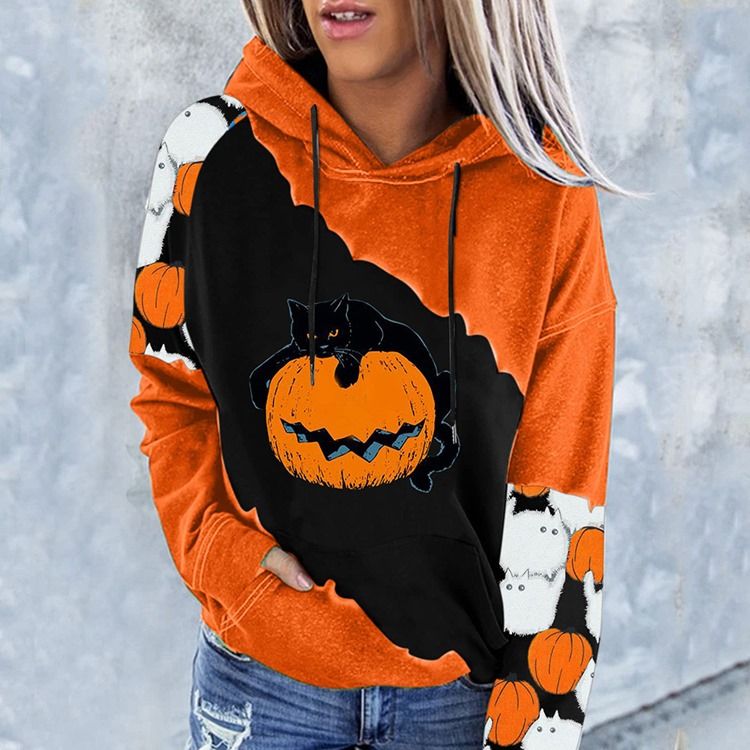 Halloween Color Block Raglan Ärmtryck Hooded Long Sleeve Hoodie