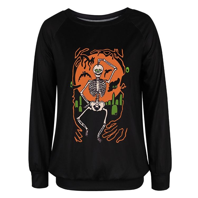Halloween Tryck Skalle Raglan Ärm Rund Hals Långärmad Hoodie