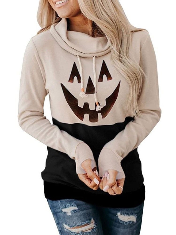 Halloween-Tryck Tecknad Långärmad Fleece-Huvtröja