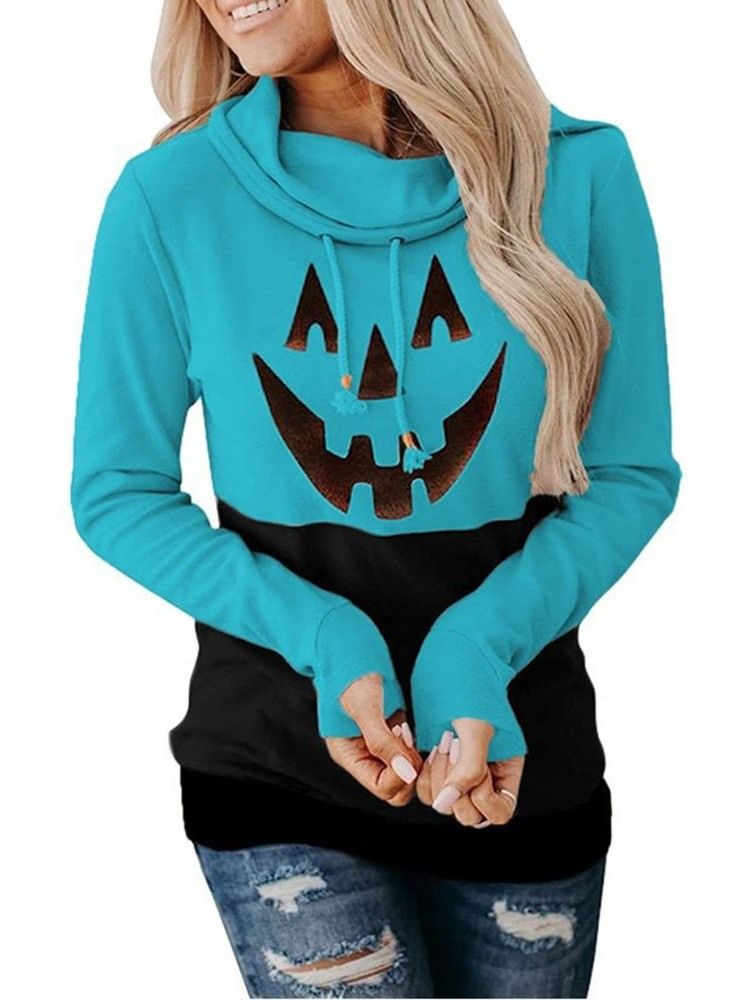Halloween-Tryck Tecknad Långärmad Fleece-Huvtröja