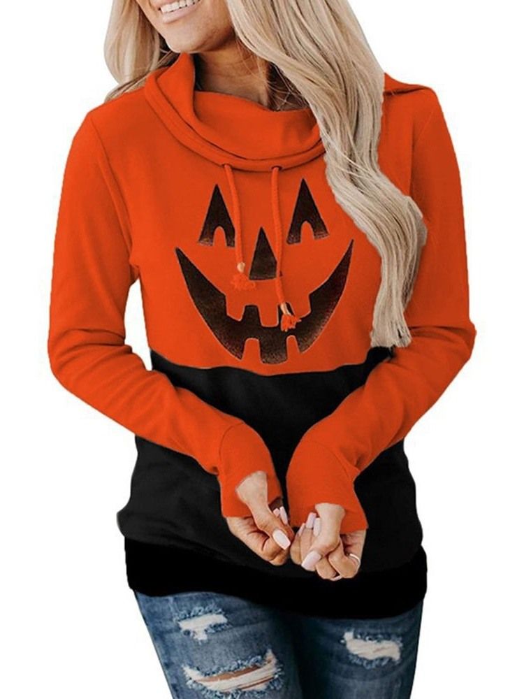 Halloween-Tryck Tecknad Långärmad Fleece-Huvtröja