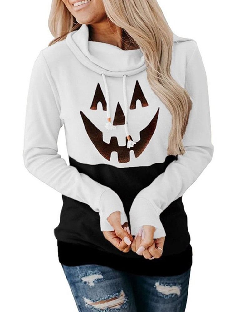 Halloween-Tryck Tecknad Långärmad Fleece-Huvtröja