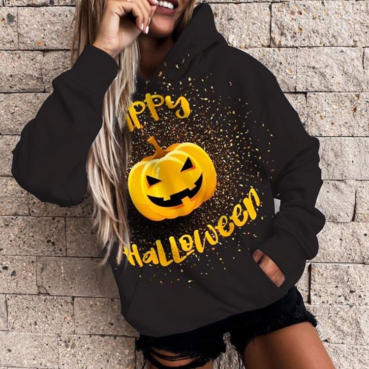 Långärmad Luvtröja Med Luva För Halloween Brevtryck