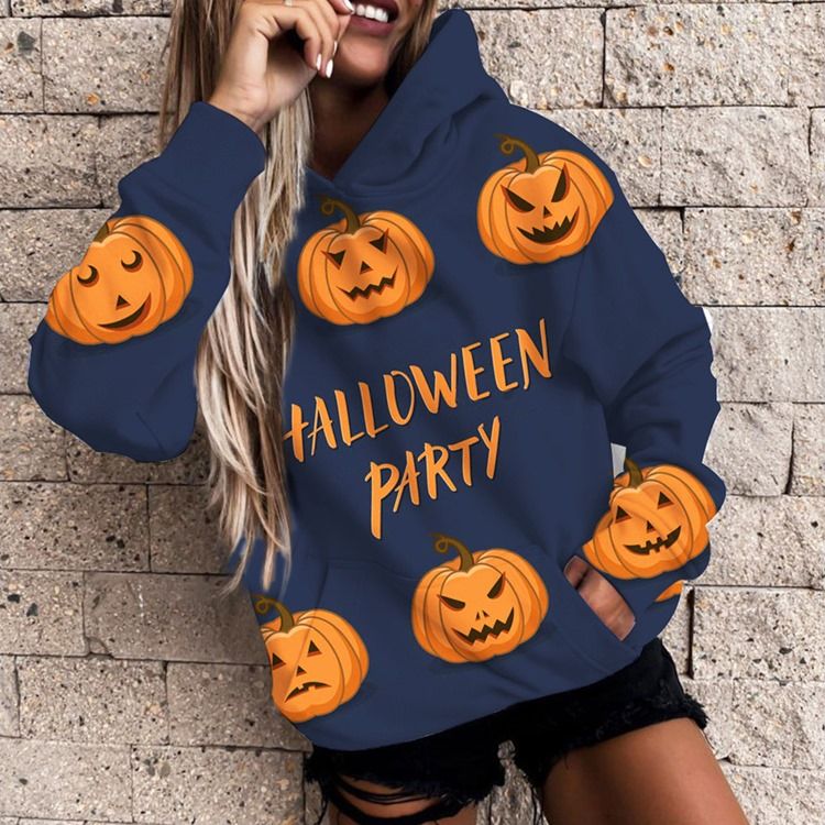 Långärmad Luvtröja Med Luva För Halloween Brevtryck