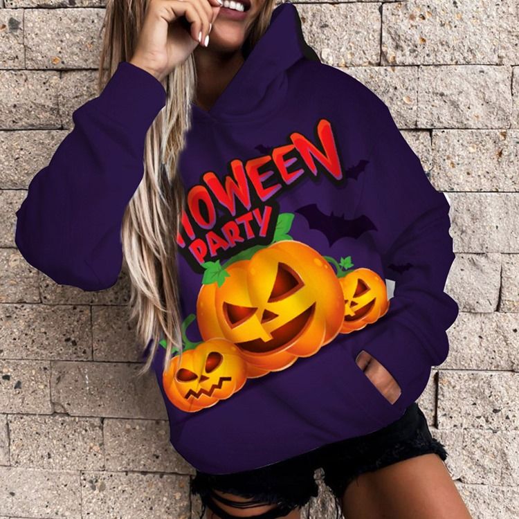 Långärmad Luvtröja Med Luva För Halloween Brevtryck