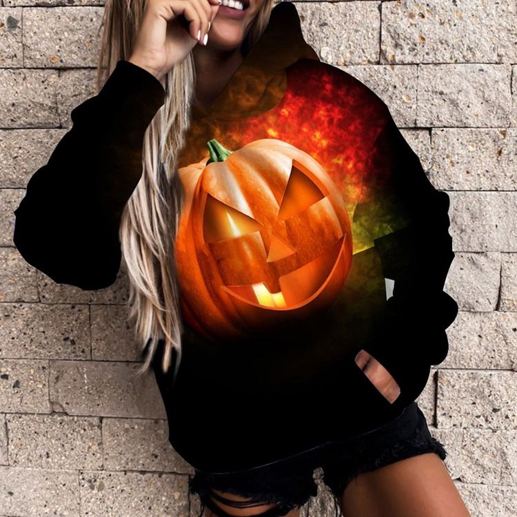 Långärmad Luvtröja Med Luva För Halloween Brevtryck
