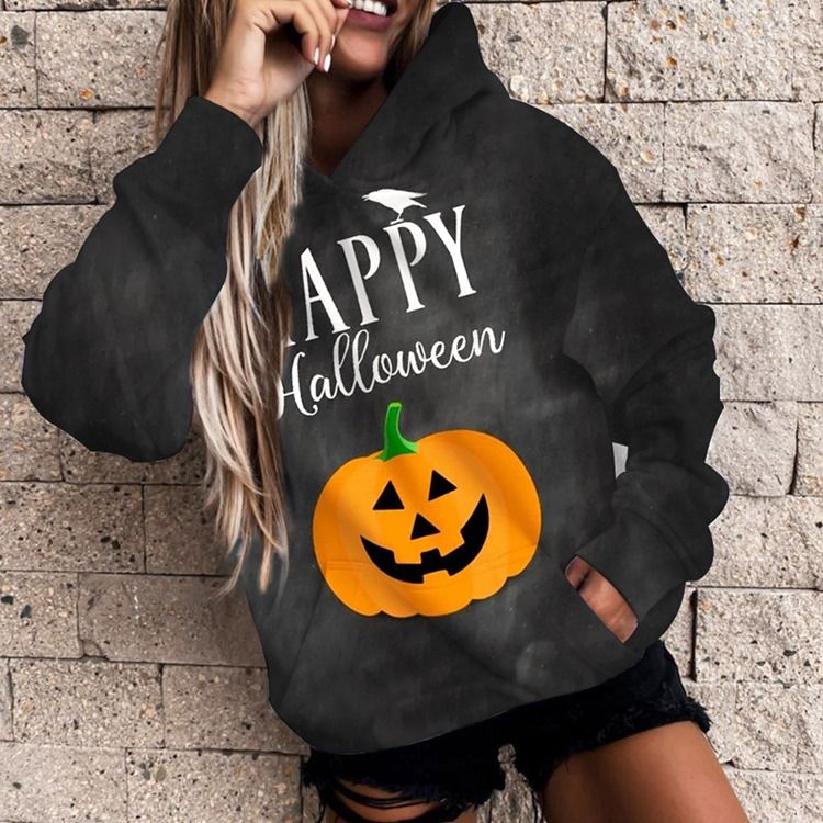 Långärmad Luvtröja Med Luva För Halloween Brevtryck
