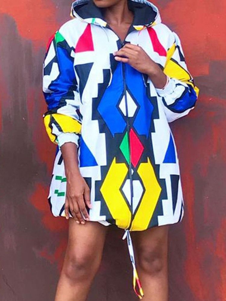 Print Color Block Dragkedja Hooded Hoodie