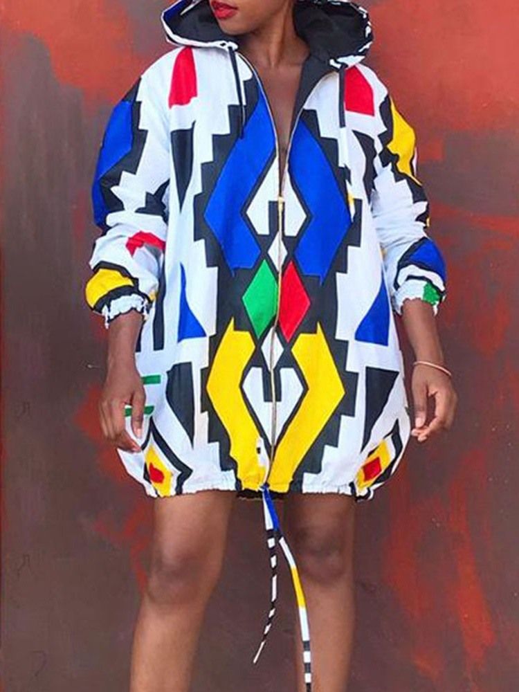 Print Color Block Dragkedja Hooded Hoodie