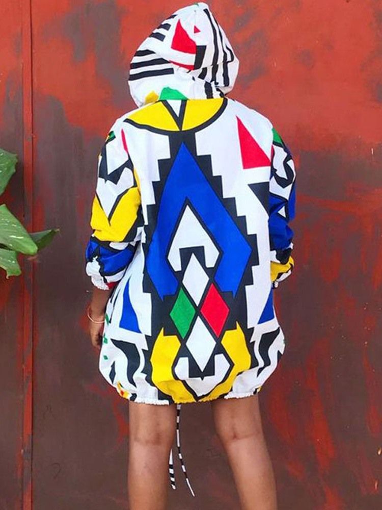 Print Color Block Dragkedja Hooded Hoodie
