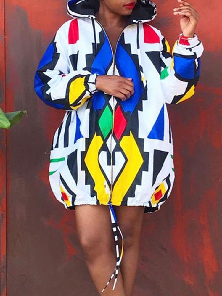 Print Color Block Dragkedja Hooded Hoodie