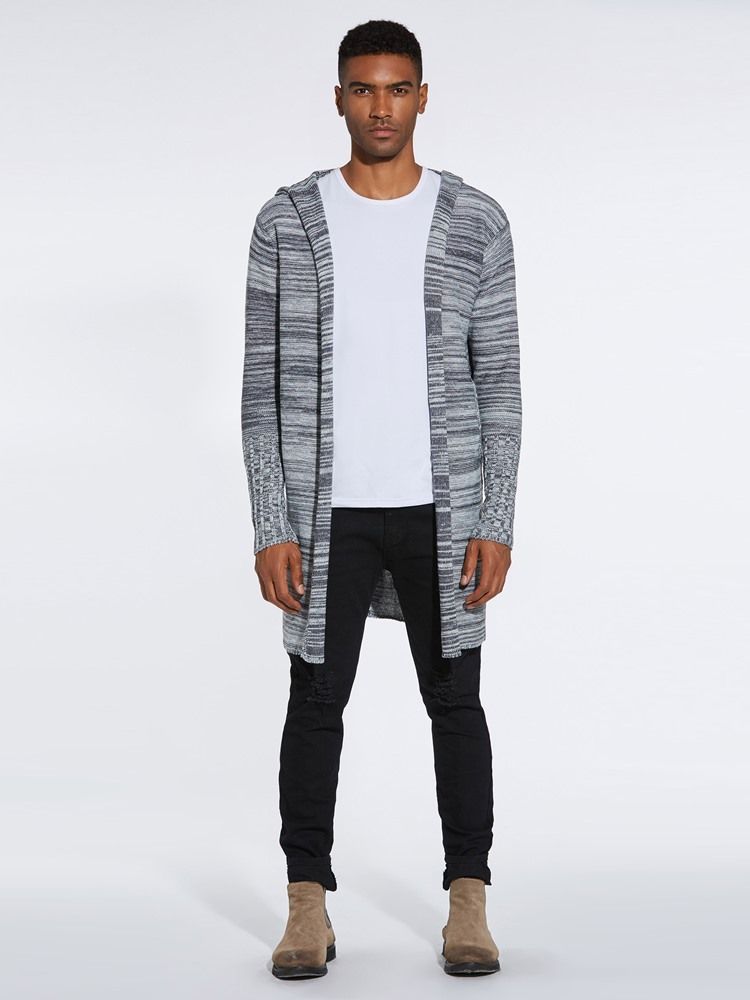 Color Block Hooded Mid-Length Män Casual Cardigan Tröjor
