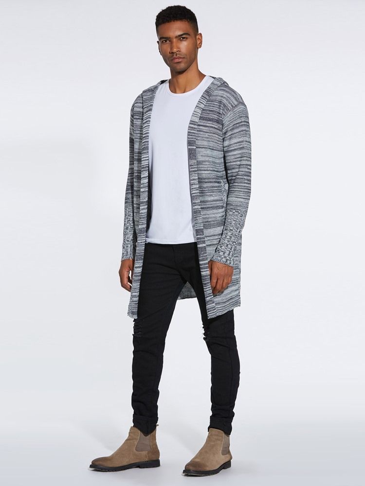 Color Block Hooded Mid-Length Män Casual Cardigan Tröjor