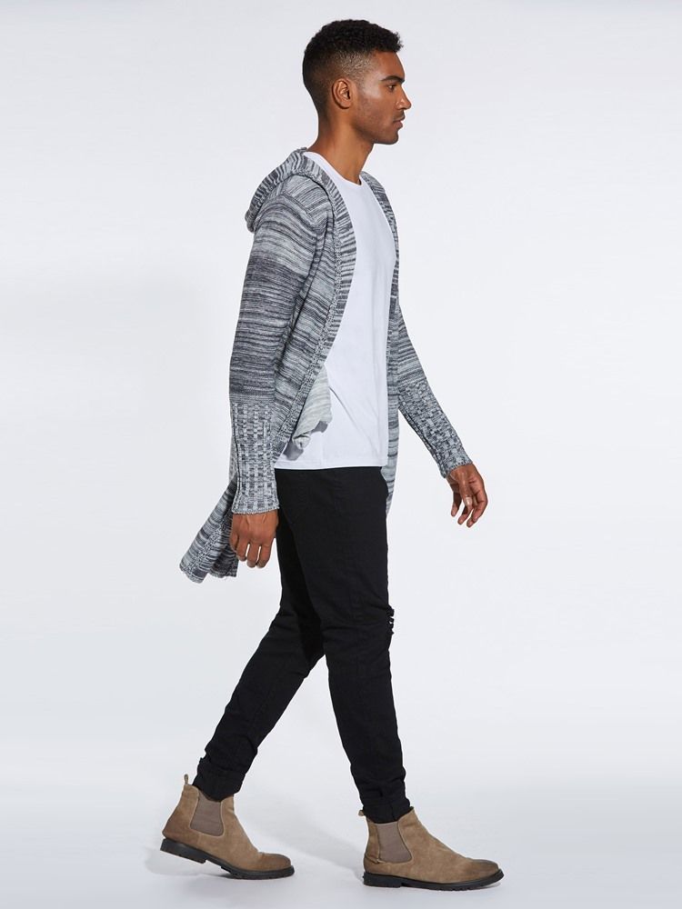 Color Block Hooded Mid-Length Män Casual Cardigan Tröjor