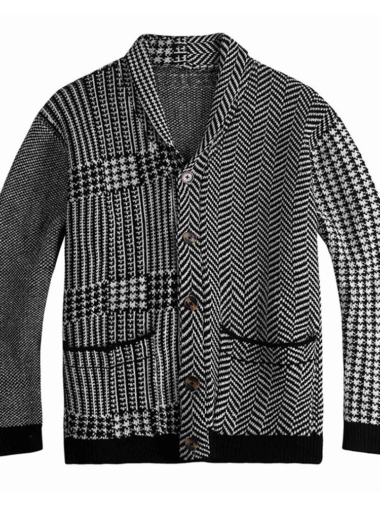 Lapel Pocket Houndstooth Vinter Enkelknäppt Tröja