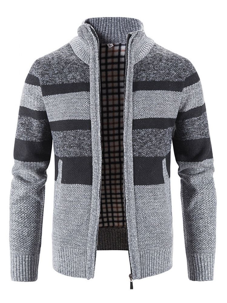 Patchwork Stripe Stand Krage Dragkedja Casual Tröja