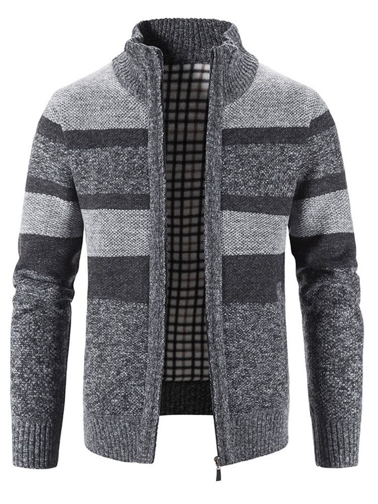 Patchwork Stripe Stand Krage Dragkedja Casual Tröja