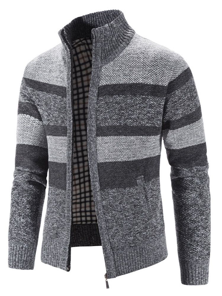 Patchwork Stripe Stand Krage Dragkedja Casual Tröja