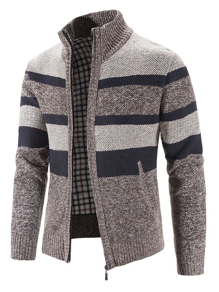 Patchwork Stripe Stand Krage Dragkedja Casual Tröja