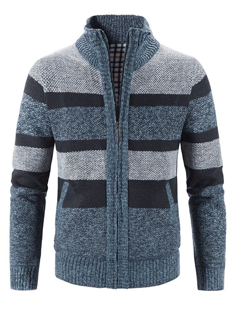 Patchwork Stripe Stand Krage Dragkedja Casual Tröja