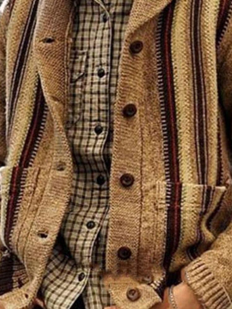 Pocket Stripe Lapel Single Breasted England Sweater