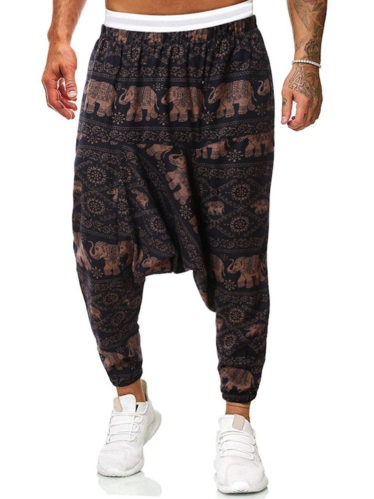 Baggy Byxor Tryck Blommiga Mid Midja Män Casual Byxor