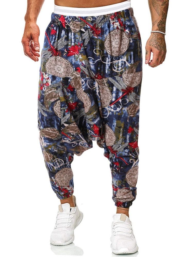 Baggy Byxor Tryck Blommiga Mid Midja Män Casual Byxor