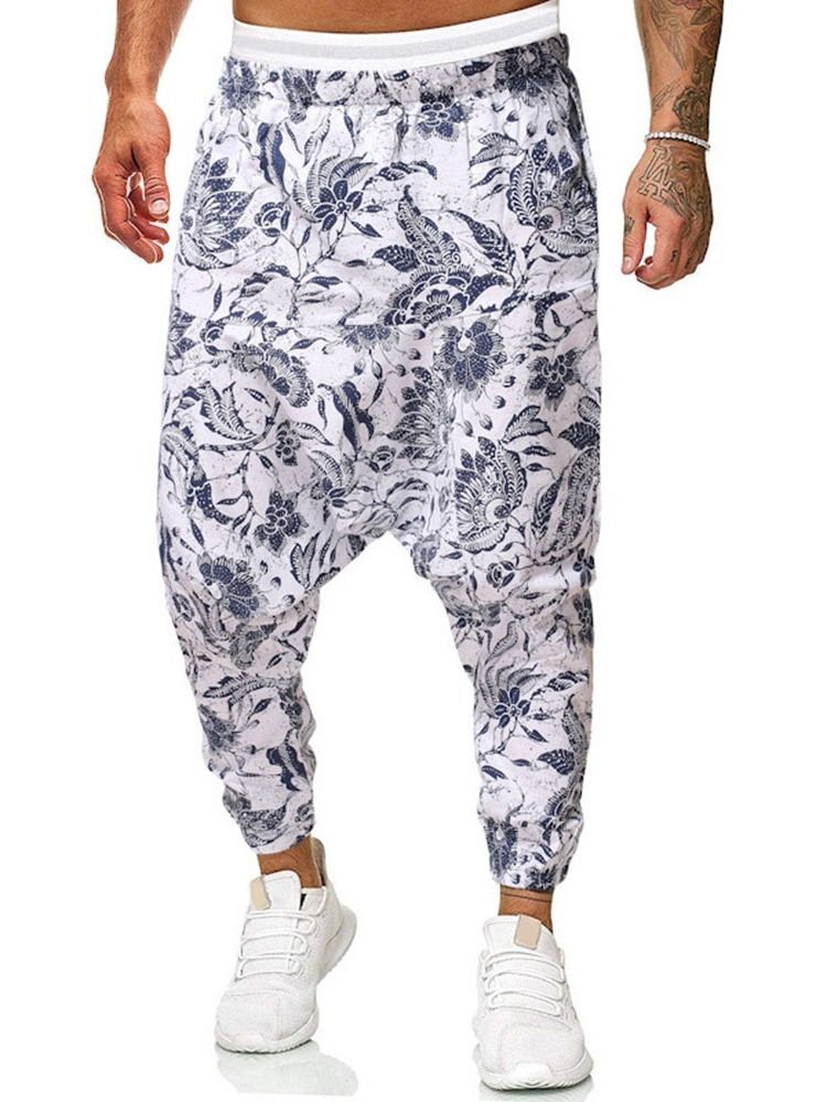 Baggy Byxor Tryck Blommiga Mid Midja Män Casual Byxor