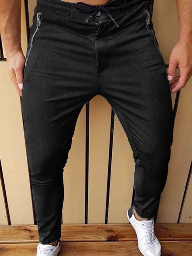 Blixtlås Pencil Byxor Mid Waist Mäns Casual Byxor