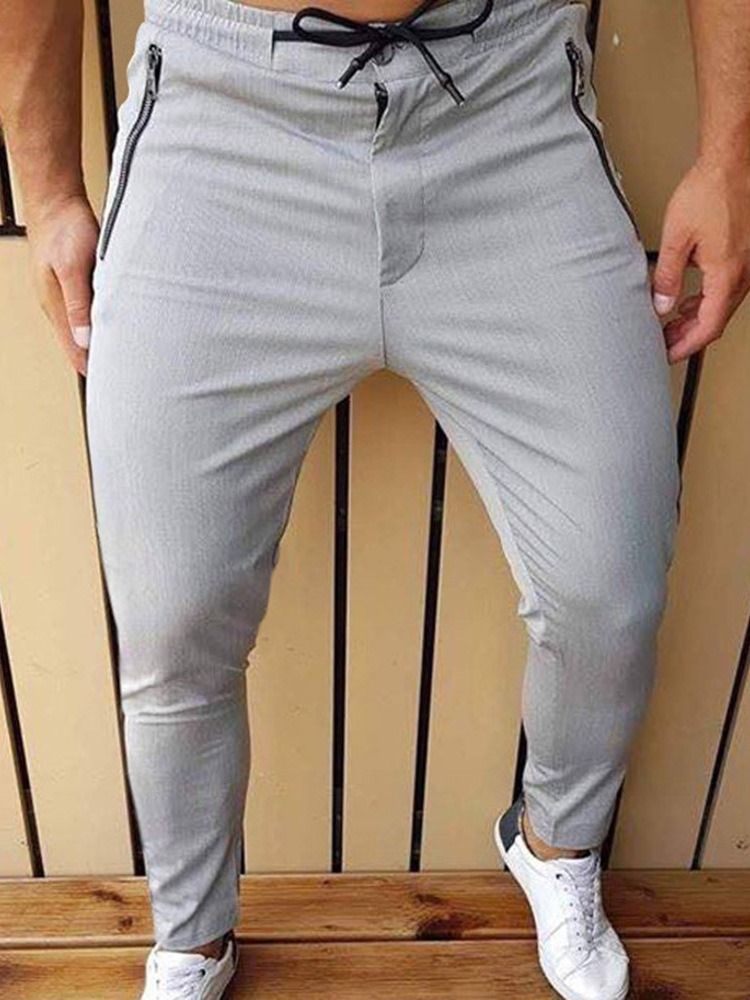 Blixtlås Pencil Byxor Mid Waist Mäns Casual Byxor