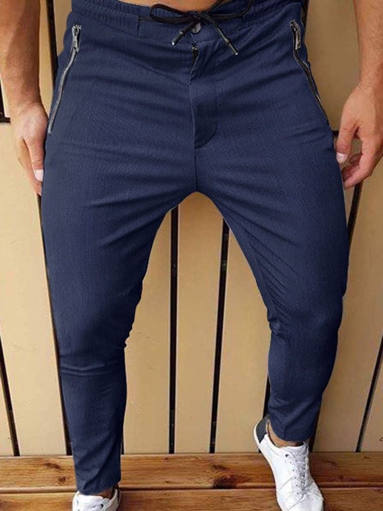 Blixtlås Pencil Byxor Mid Waist Mäns Casual Byxor