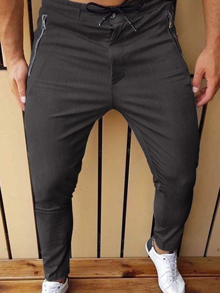Blixtlås Pencil Byxor Mid Waist Mäns Casual Byxor