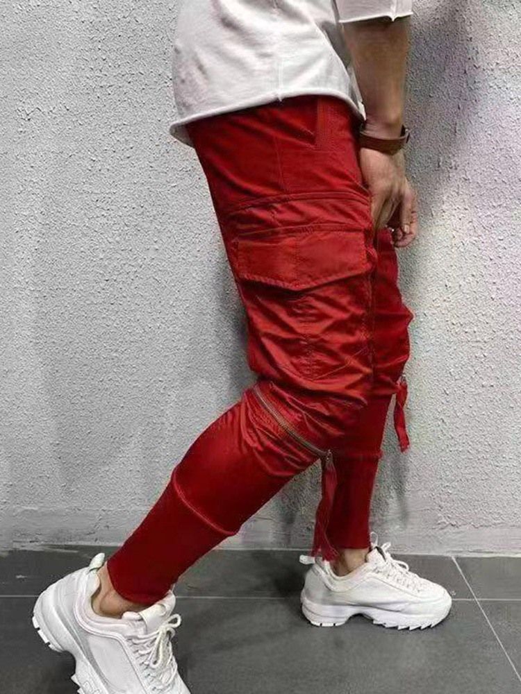 Cargo Pants Dragkedja Vanlig Casual Snörning Casual Herrbyxor