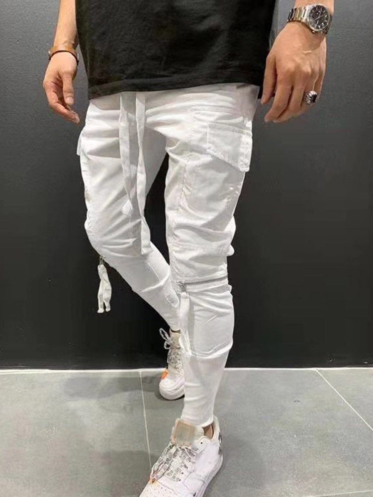 Cargo Pants Dragkedja Vanlig Casual Snörning Casual Herrbyxor