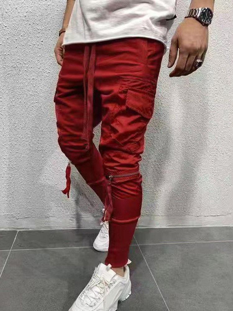 Cargo Pants Dragkedja Vanlig Casual Snörning Casual Herrbyxor