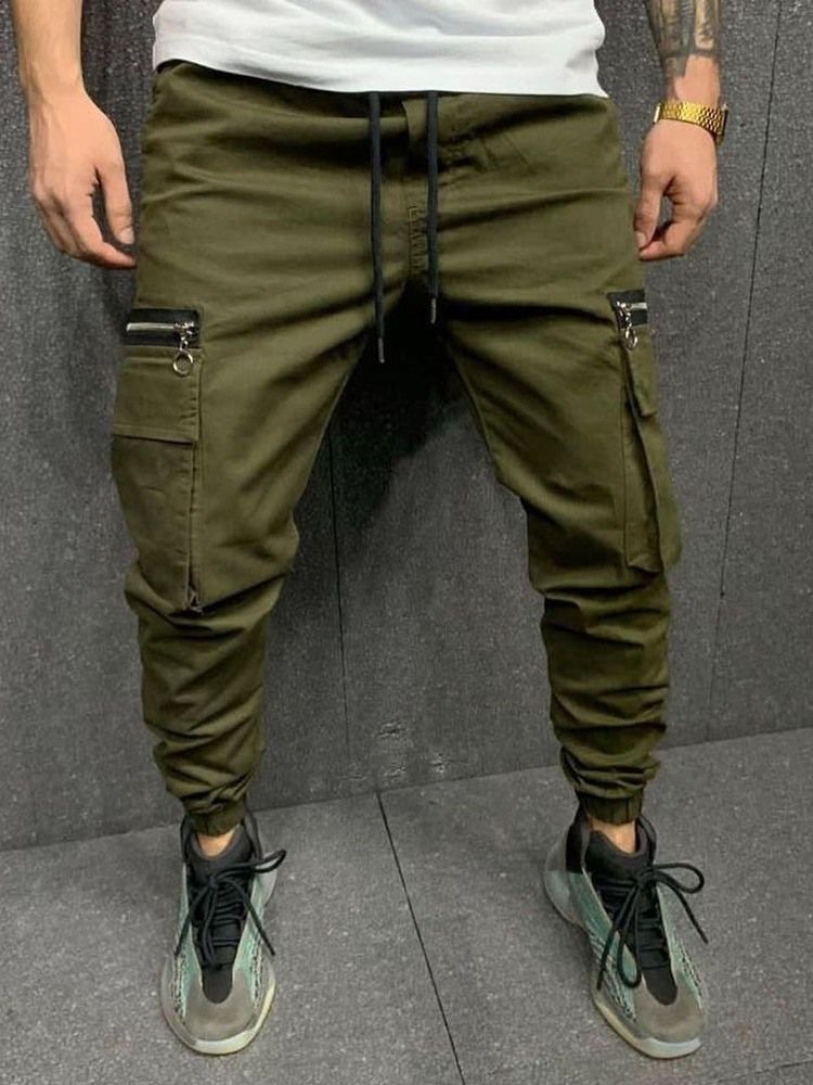 Cargo Pants Pocket Pencil Byxor Vanliga Mid Midja Män Casual Byxor